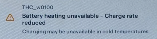 How to fix Tesla THC_w0100_batHeatPerfReduced Battery heating unavailable - Charge rate reduced Charging may be unavailable in cold temperatures The thermal controller (THC) detects reduced performance in the battery heater.