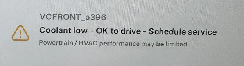 Remote diagnosis and fix Tesla "VCFRONT_a396 Coolant low OK to drive Schedule service"