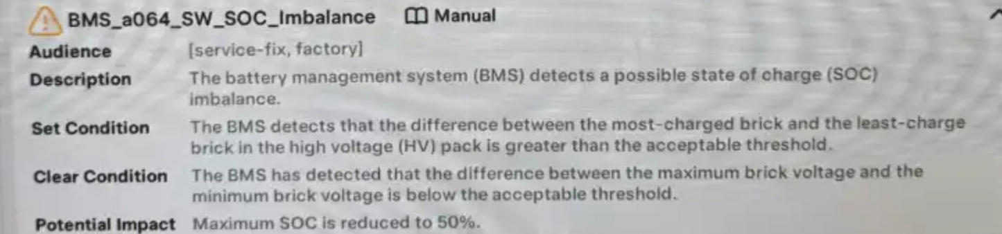 Fix Tesla "Maximum battery charge level reduced" BMS_a064 Alert