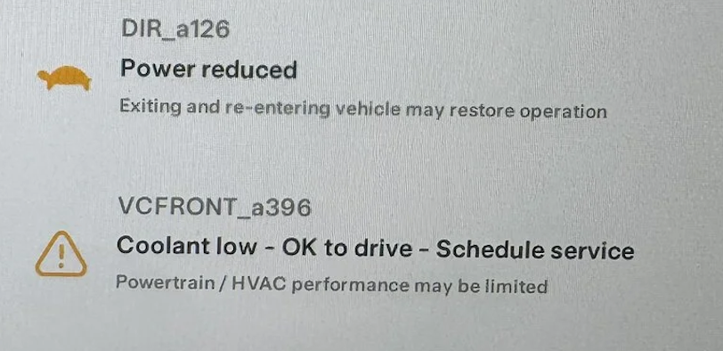 Remote diagnosis and fix Tesla "VCFRONT_a396 Coolant low OK to drive Schedule service"